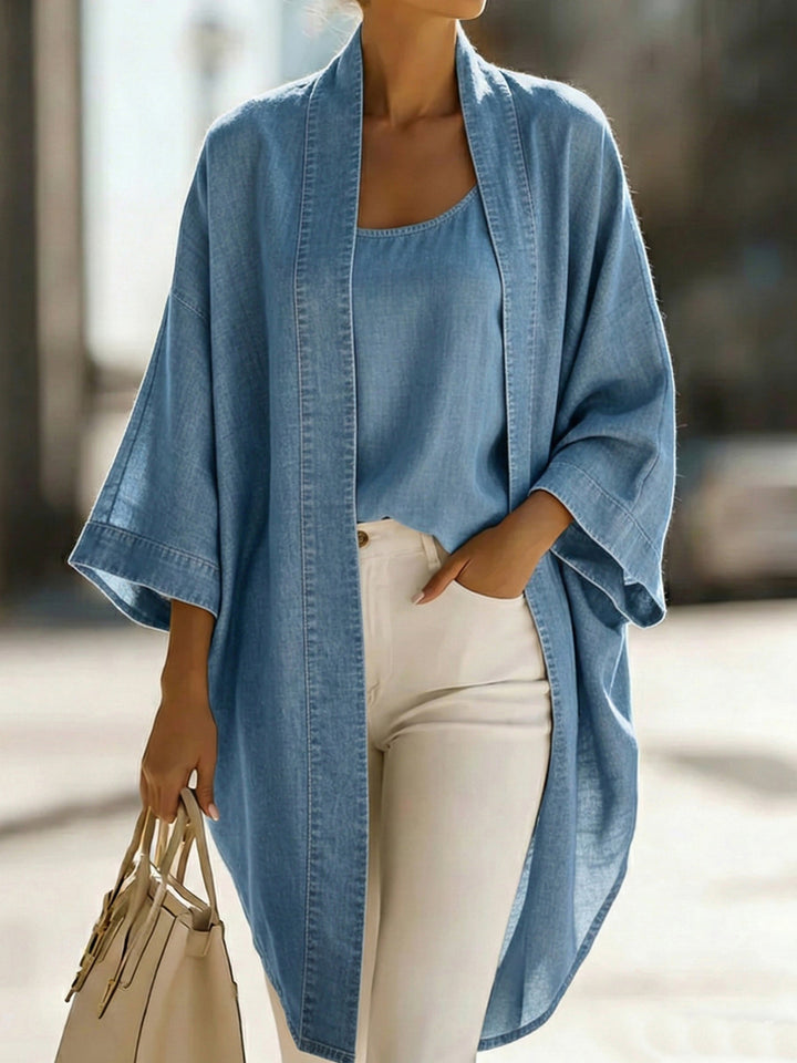 Women’s Casual Denim Two-Piece Set – Elegant Everyday Top &amp; Wide-Leg Pants Outfit
