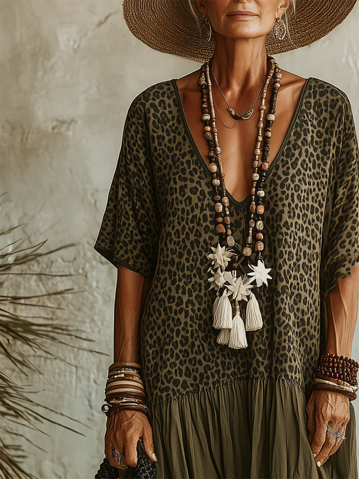 Casual Leopard-print Spliced chiffon &amp; Cotton Dress