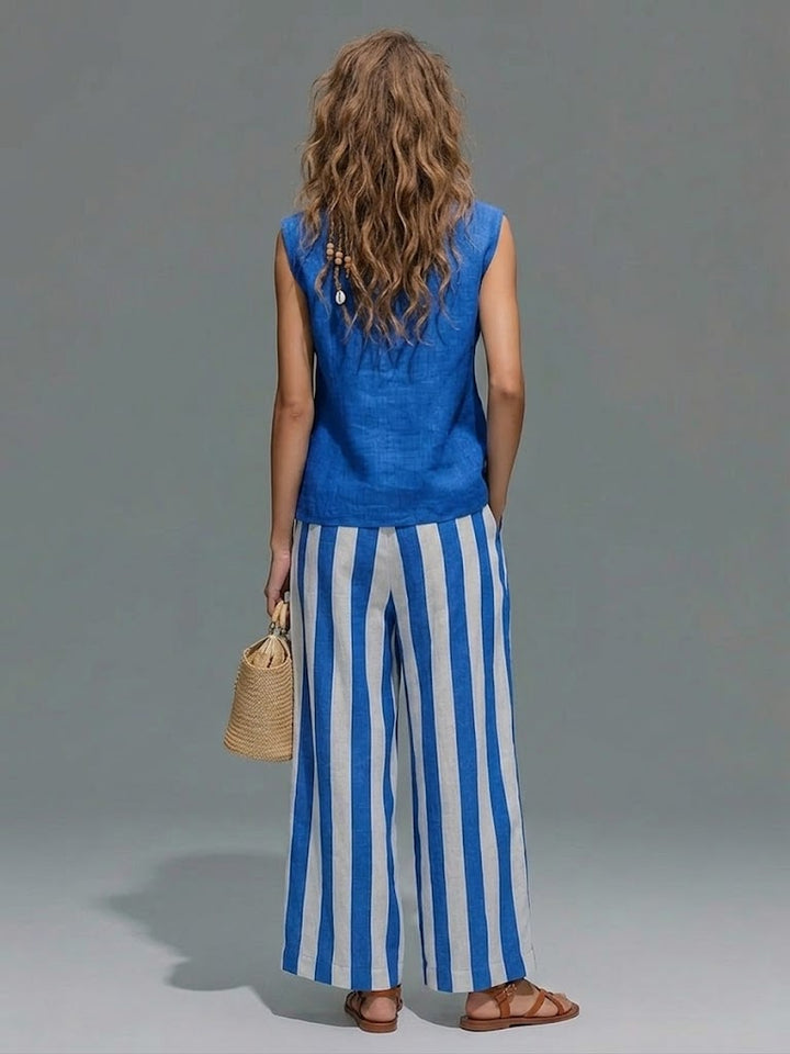 Casual Linen And Cotton Sleeveless Top And Striped Pants Two-piece Set