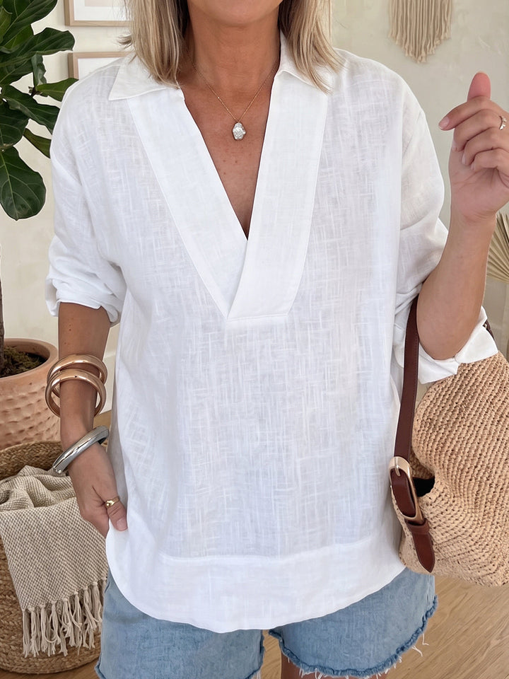 Minimalist &amp; Cozy V-neck Cotton-linen Blouse
