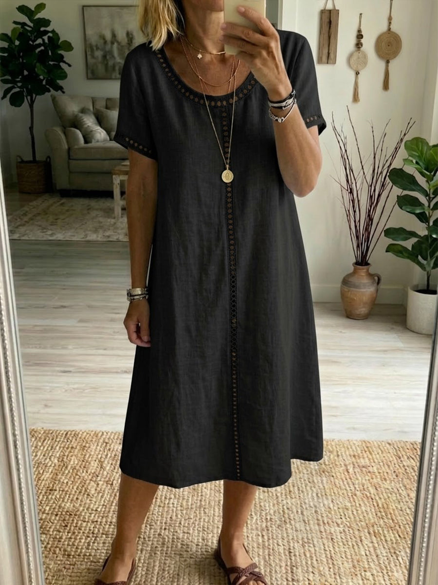 Clara™ | Linen-Cotton Dress with Openwork Embroidery