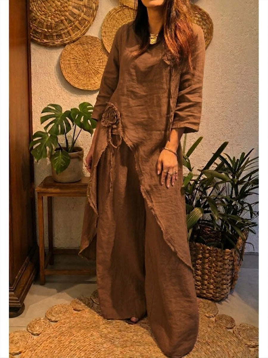 Casual Loose-fit Linen &amp; Cotton Two-piece Set: Long Top With 3d Floral Accents And Trousers