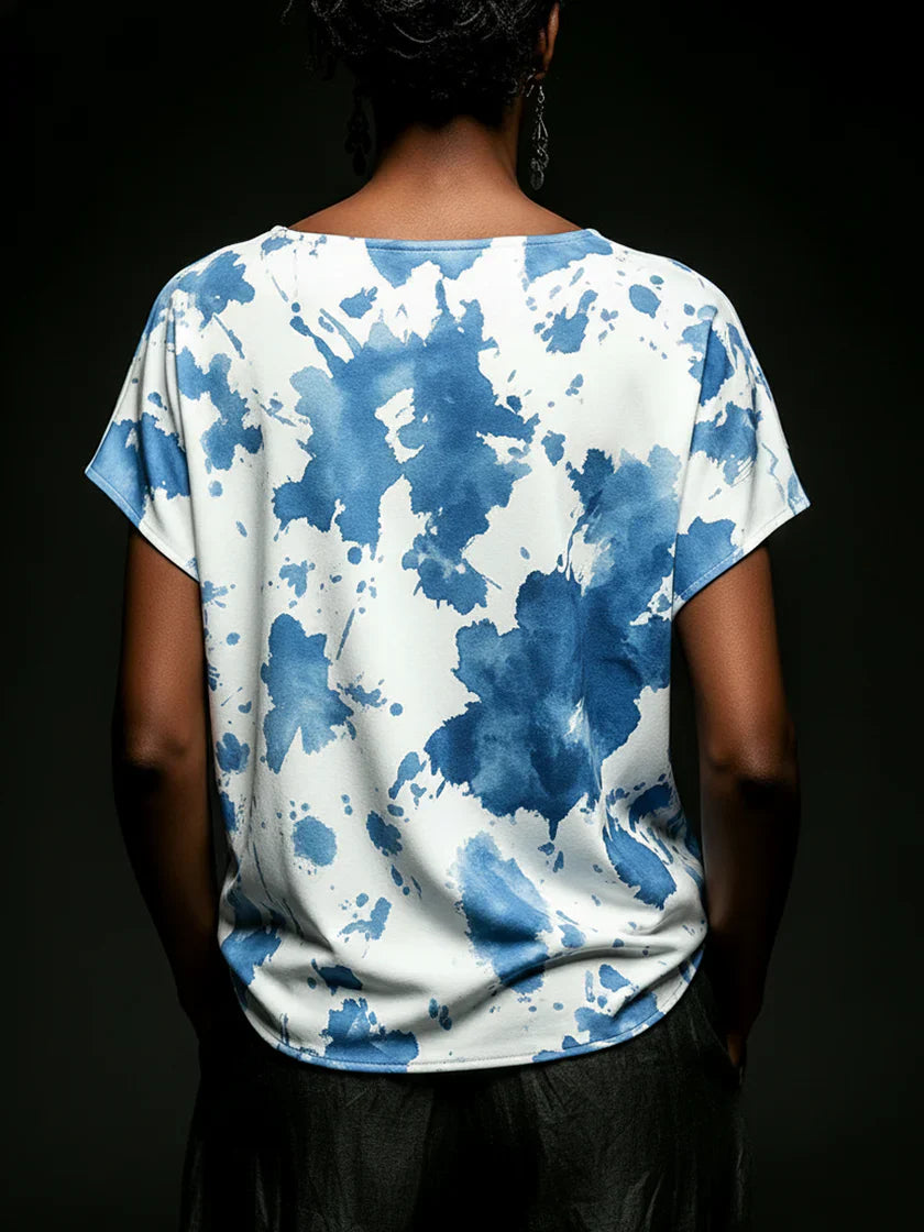 Casual &amp; Cozy Cotton Top With Artistic Print And Cowl Neck