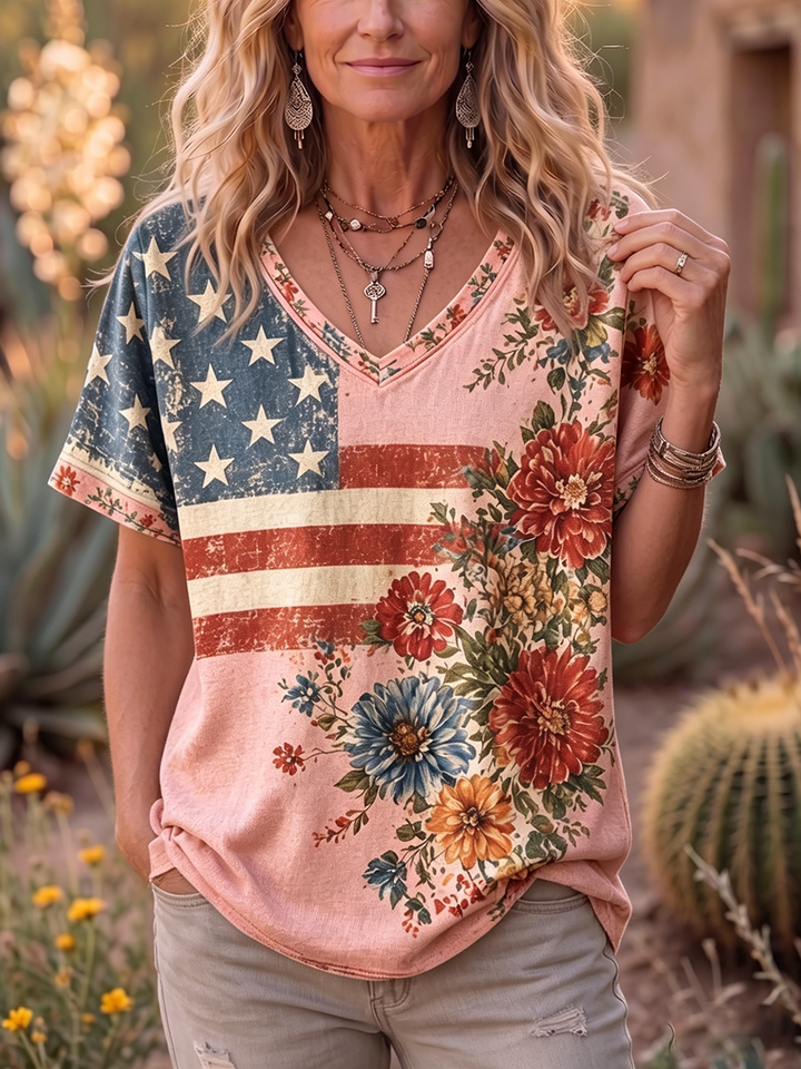 Retro Floral Print Cotton T-shirt