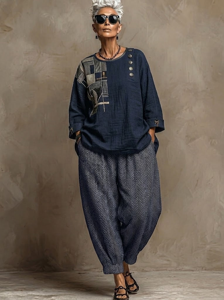 Bohemian Art Print Linen And Cotton Two-piece Top And Pants Set
