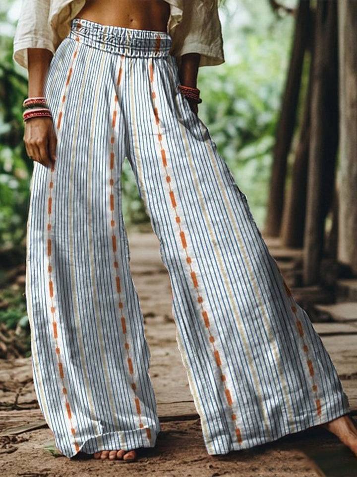 Blue &amp; Orange Geometric Stripe Cotton-linen Elastic Waist Wide-leg Pants