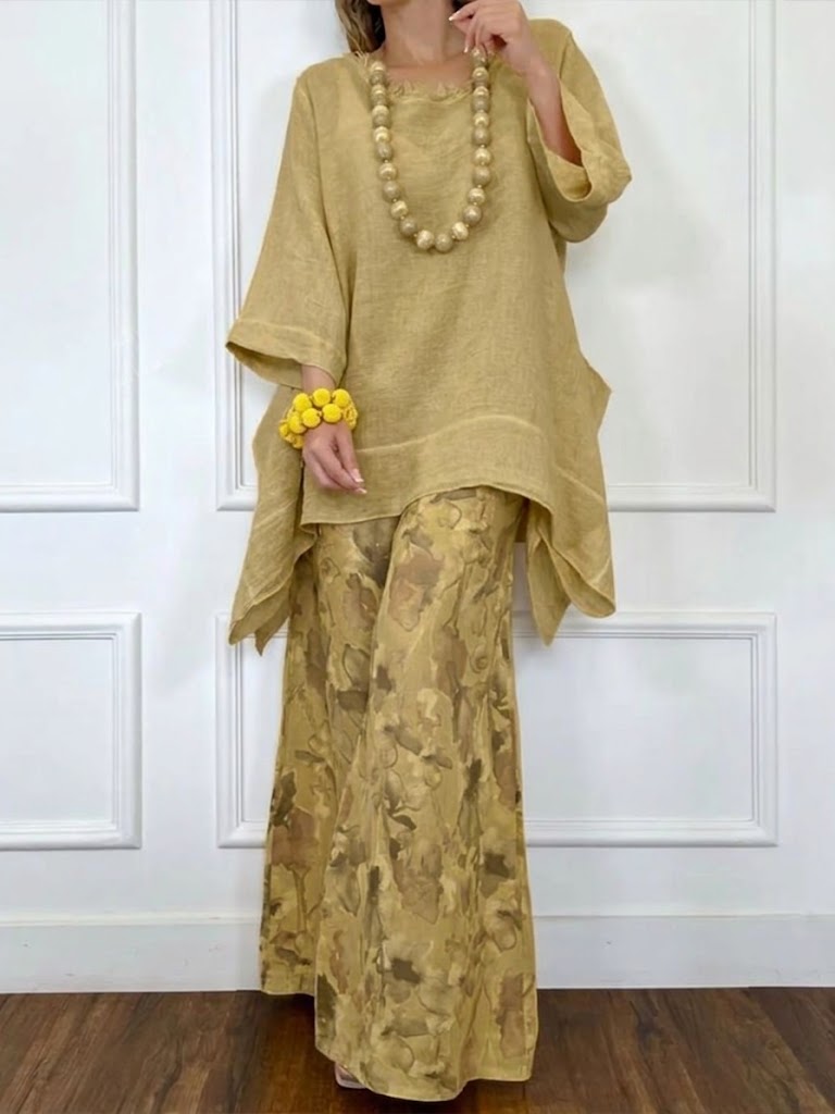 Loose-fit Casual Linen &amp; Cotton Top And Floral-print Pants Two-piece Set