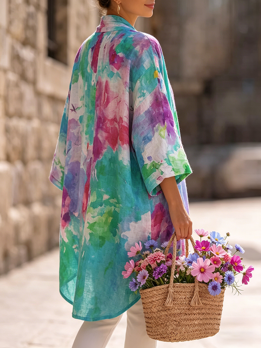 Artistic Watercolor Print Cotton-linen Cardigan &amp; Vest Two-piece Set
