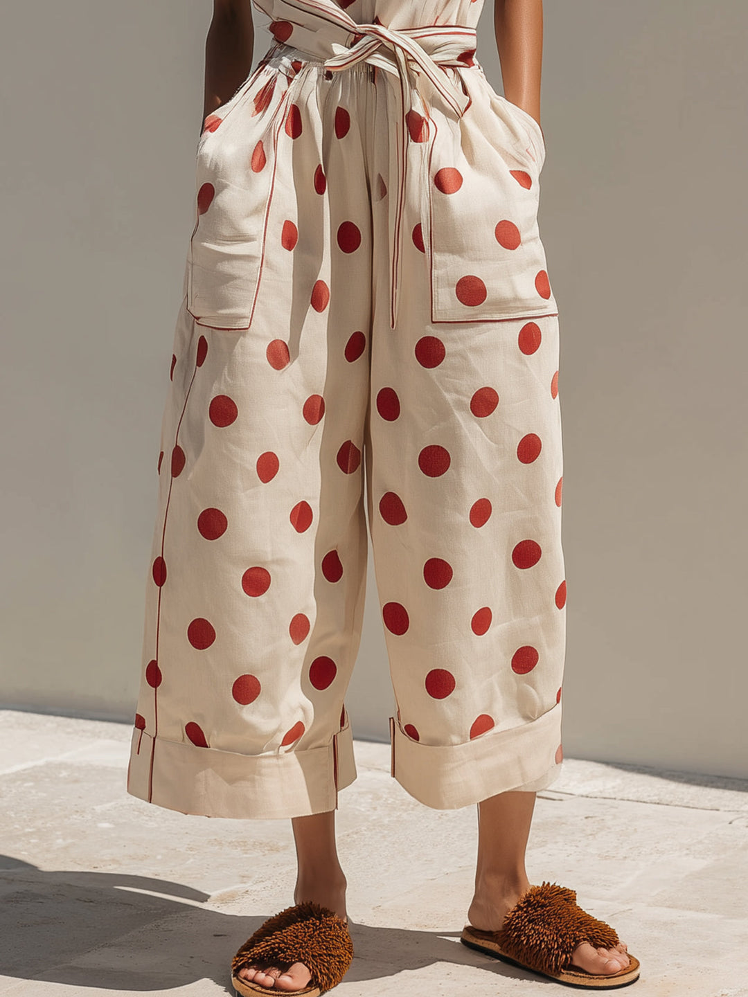 Polka-dot Sleeveless High-neck Cropped Wide-leg Jumpsuit