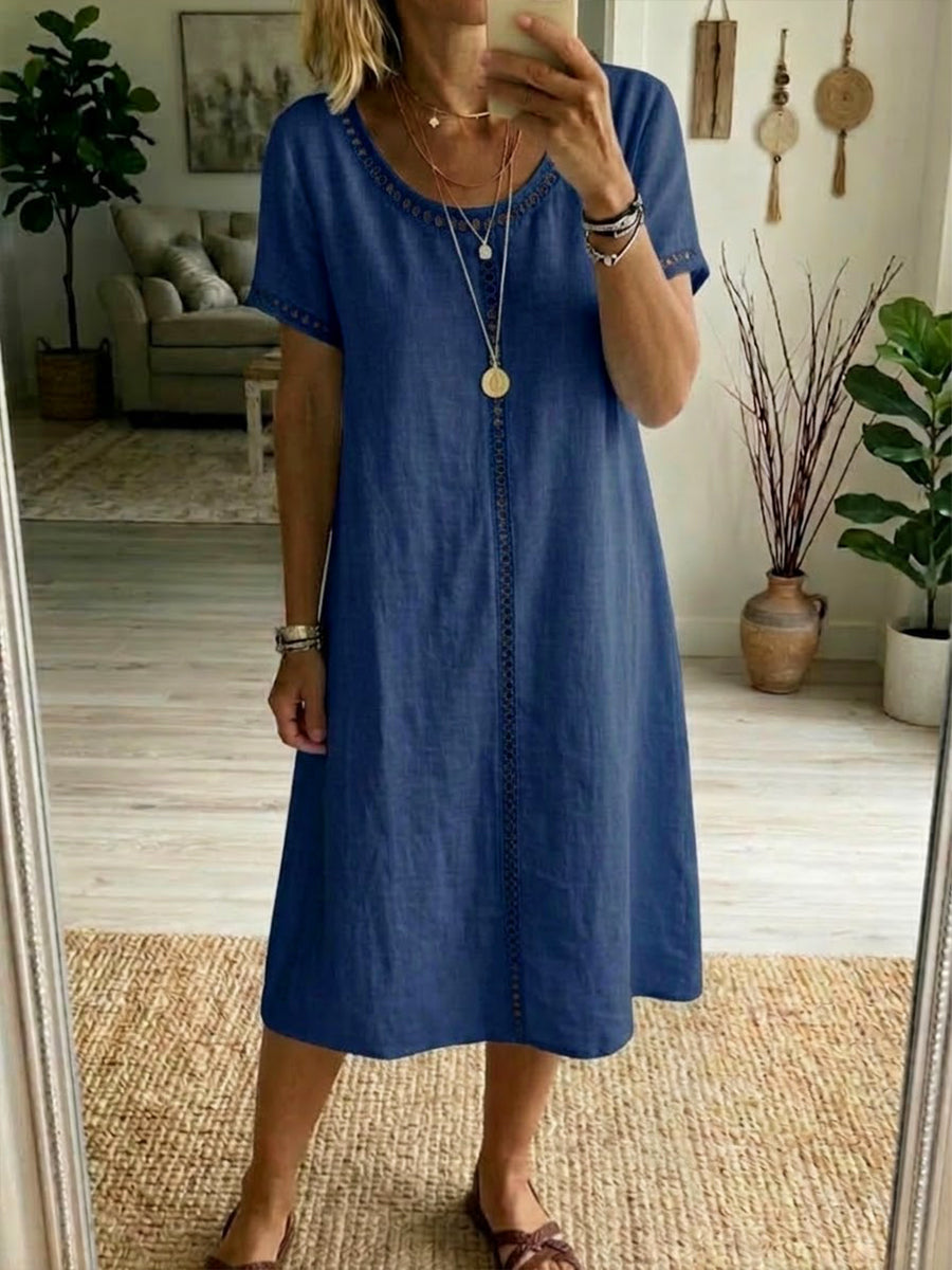Clara™ | Linen-Cotton Dress with Openwork Embroidery
