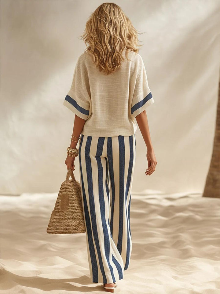 Beige Textured Cotton-linen Color-block Top &amp; Blue-white Striped Elastic Waist Wide-leg Pants Set