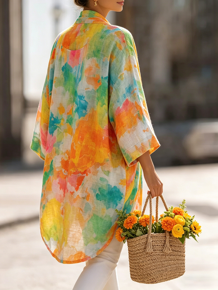 Artistic Watercolor Print Cotton-linen Cardigan &amp; Vest Two-piece Set