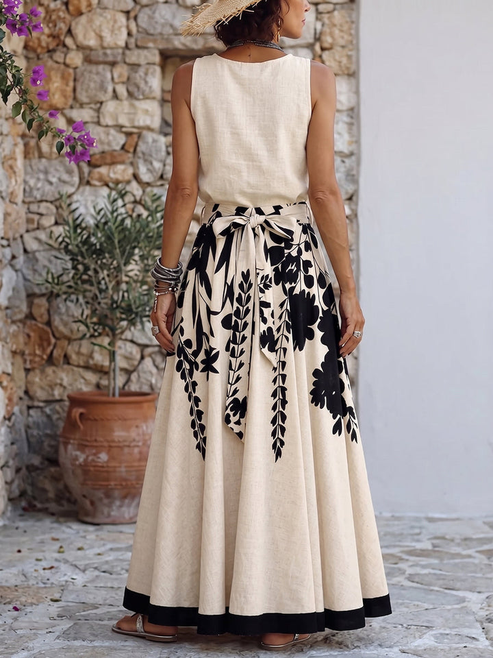 Artistic Floral &amp; Leaf Print Cotton-linen Two-piece Set (skirt &amp; Top)