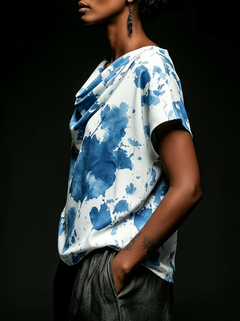 Casual &amp; Cozy Cotton Top With Artistic Print And Cowl Neck