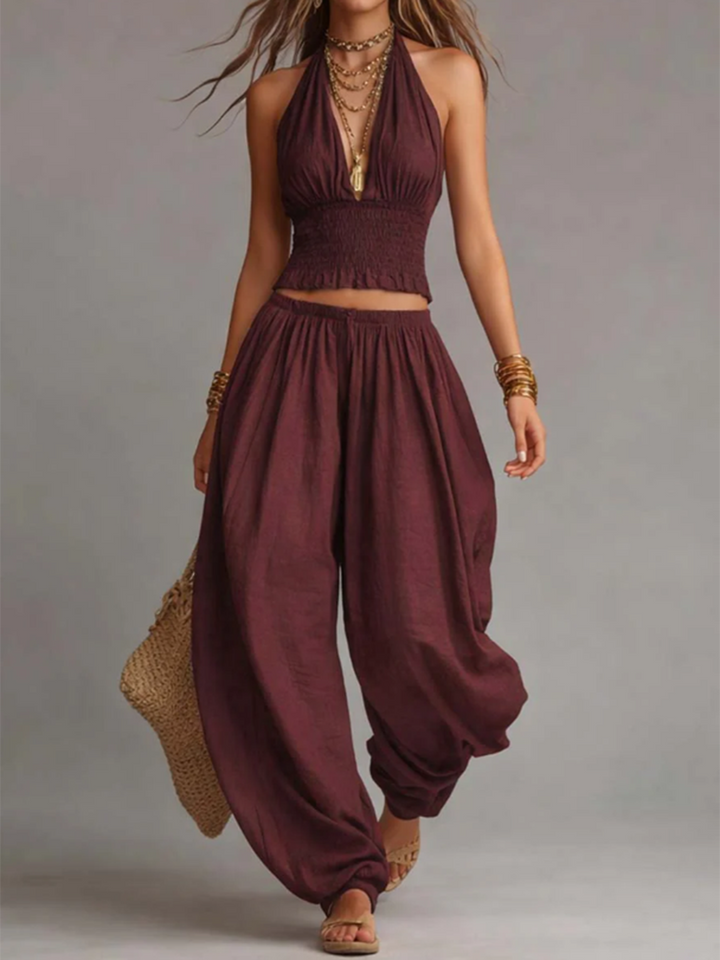 Sexy Boho Halter Top &amp; Wide-leg Pants Two-piece Set