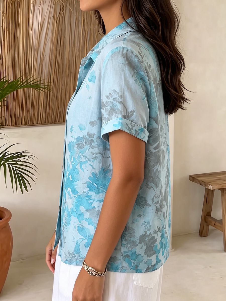Artistic Watercolor Floral Cotton-linen Button-up Shirt