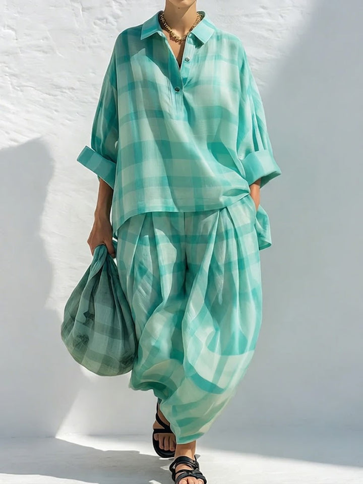 Loose-fit Casual Plaid Linen &amp; Cotton Shirt And Wide-leg Pants Two-piece Set