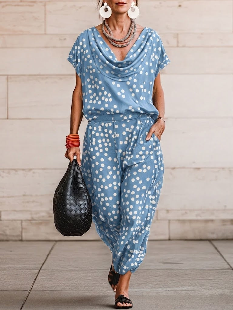 Casual &amp; Cozy Polka-dot Cowl-neck Top And Pants Two-piece Set