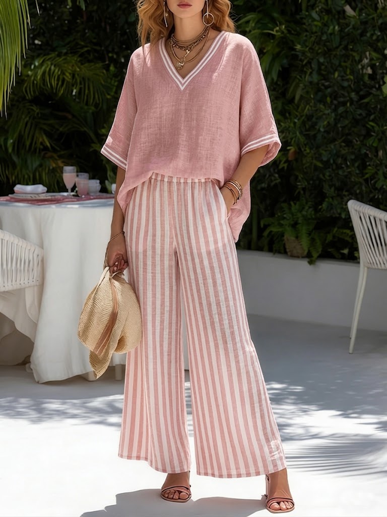 Casual Two-piece Set: Striped Linen &amp; Cotton Patchwork Top And Striped Trousers— Look Put Together in 5 Seconds