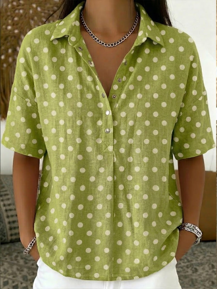 Casual Polka Dots Polo Collar Short-sleeved Linen And Cotton Shirt