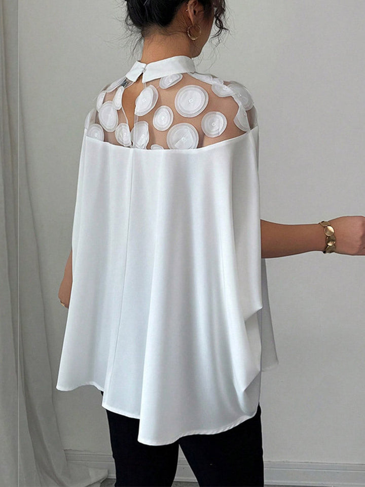 Semi-high-neck Sheer Polka-dot Paneled Loose Batwing-sleeve Top