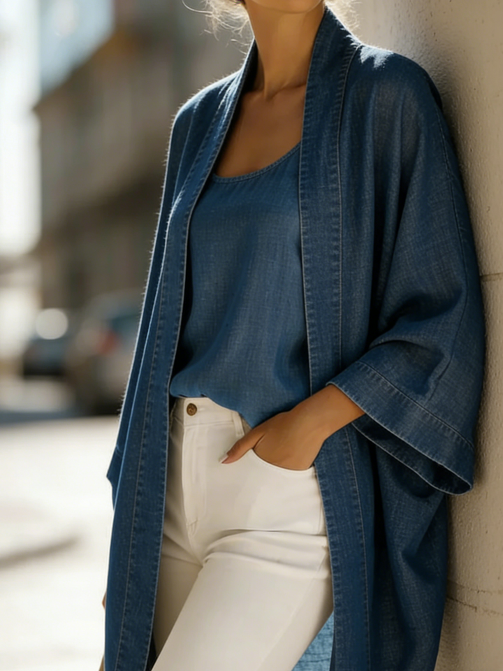 Women’s Casual Denim Two-Piece Set – Elegant Everyday Top &amp; Wide-Leg Pants Outfit