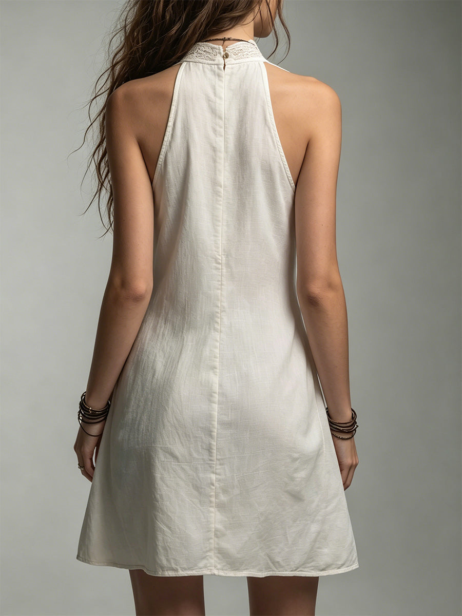 Cotton Lace Trim Halter Neck Sleeveless Shirt Dress
