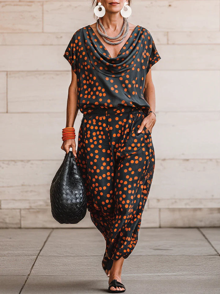 Casual &amp; Cozy Polka-dot Cowl-neck Top And Pants Two-piece Set