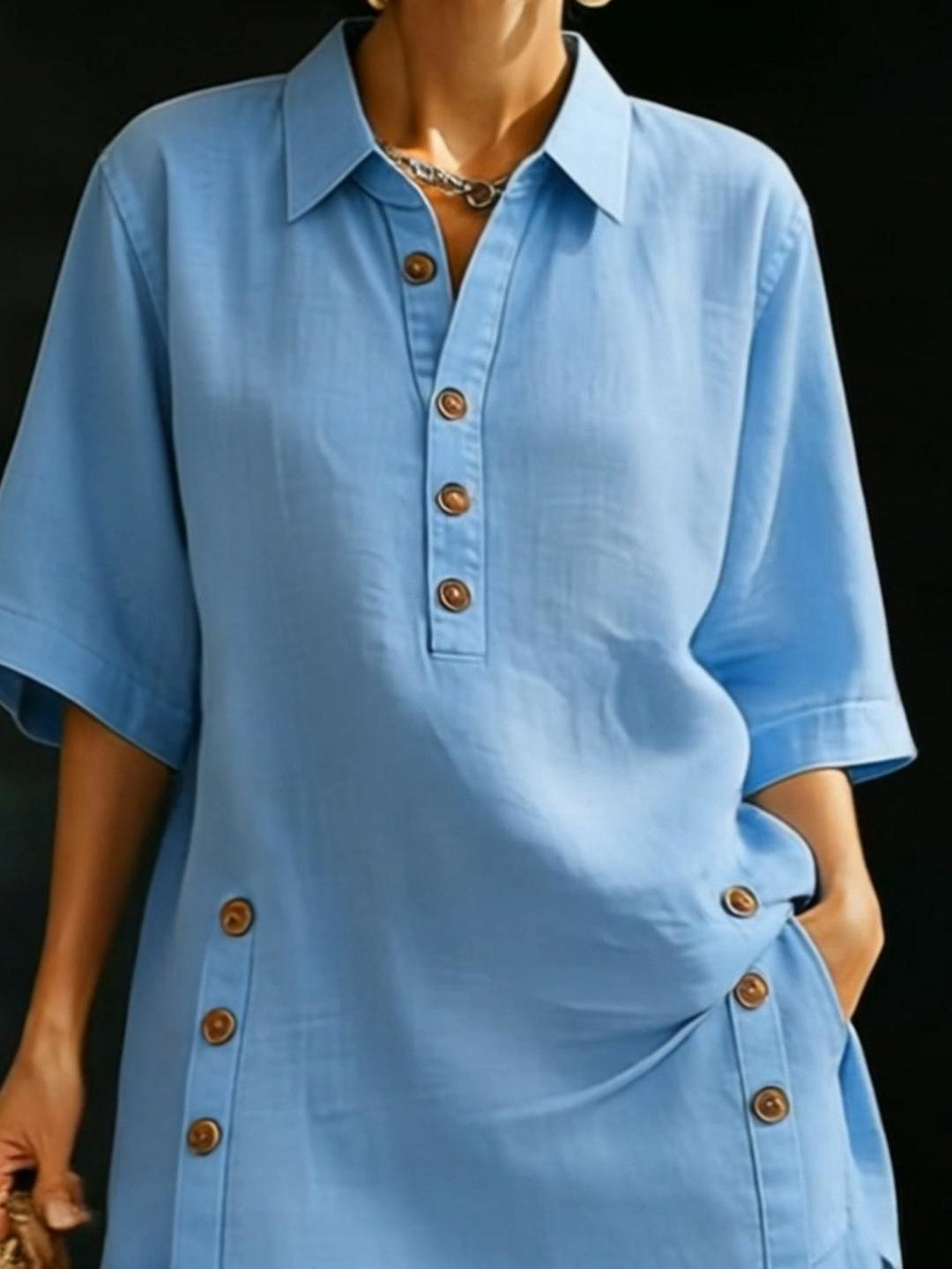 Women’s Linen Shirt &amp; Shorts Two-Piece Set – Casual Cozy Loose-fitting Button-Up Summer Outfit