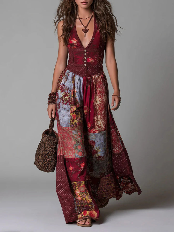Vintage V-neck Patchwork Print Linen &amp; Cotton Maxi Dress
