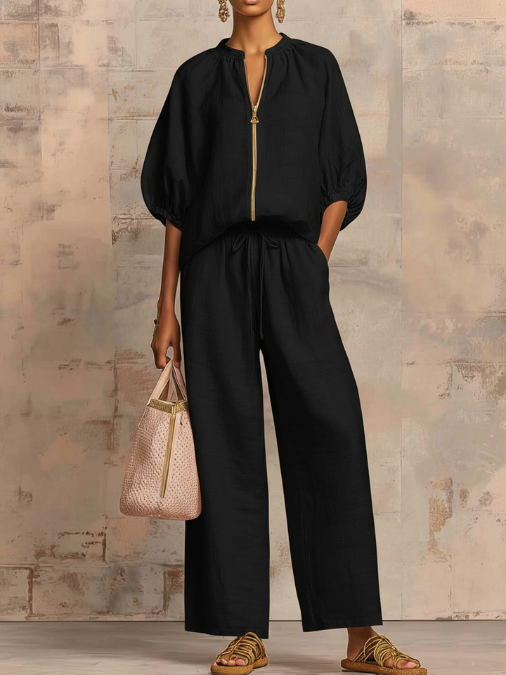 Stylish Cozy Shirt &amp;amp; Wide-Leg Pants Linen Cotton Two-Piece Set