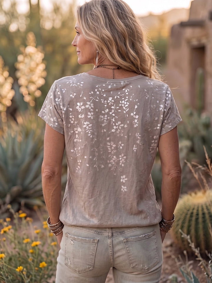 Silver Floral Waterfall Print Cotton T-shirt