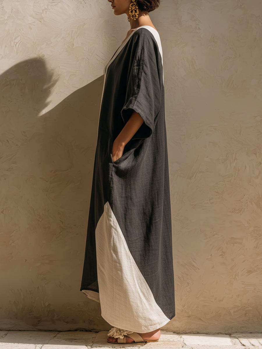 Color-block Linen-blend Loose Maxi Robe Dress