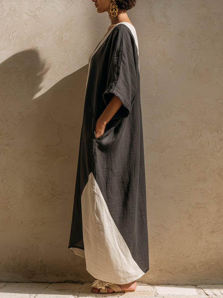 Color-block Linen-blend Loose Maxi Robe Dress