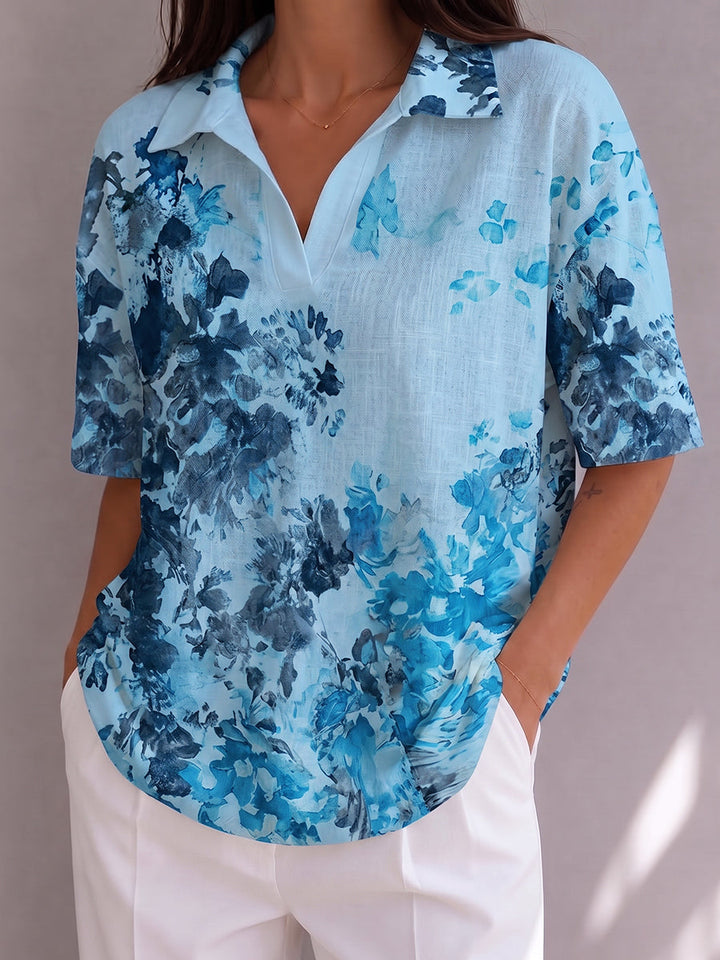 Artistic Watercolor-effect Floral Print Polo Collar Cotton-linen Shirt Top