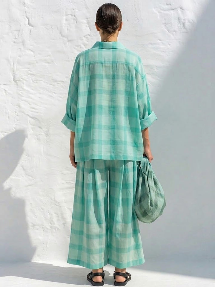 Loose-fit Casual Plaid Linen &amp; Cotton Shirt And Wide-leg Pants Two-piece Set