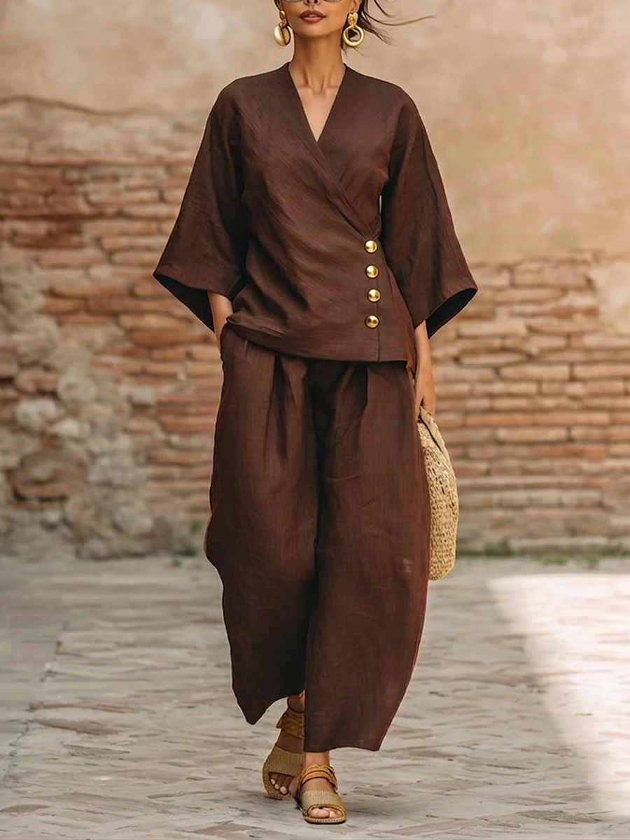Minimalist &amp; Elegant Metal Buttons Cotton-linen Two-piece Set
