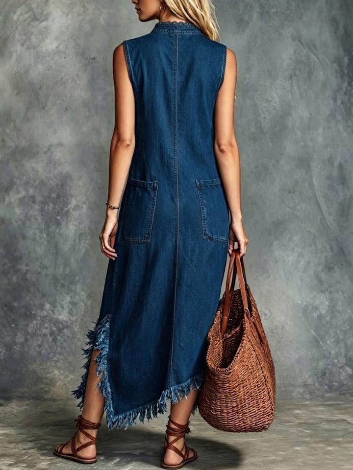 Cotton-linen Maxi Dress With Half-zip And Raw Hem