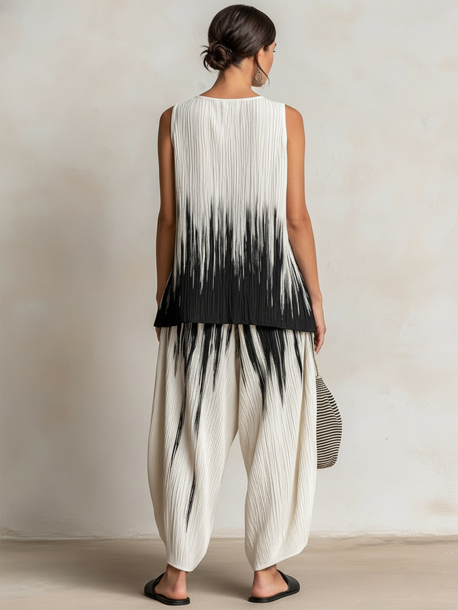 Ombre Pleated Sleeveless Top &amp; Wide-leg Pants Set