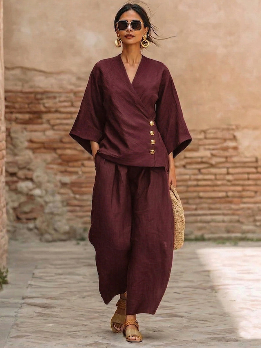 Minimalist &amp; Elegant Metal Buttons Cotton-linen Two-piece Set