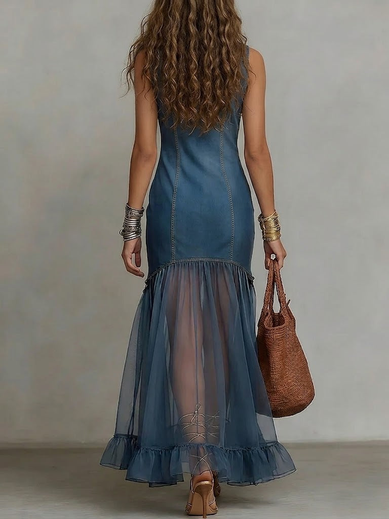 Casual Slim-fit Spliced chiffon &amp; Denim Sleeveless Maxi Dress