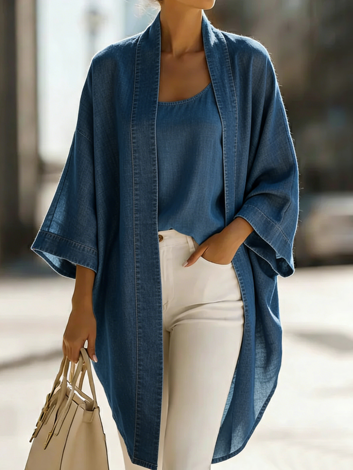 Women’s Casual Denim Two-Piece Set – Elegant Everyday Top &amp; Wide-Leg Pants Outfit