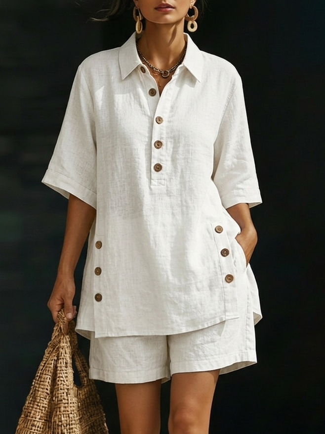 Women’s Linen Shirt &amp; Shorts Two-Piece Set – Casual Cozy Loose-fitting Button-Up Summer Outfit