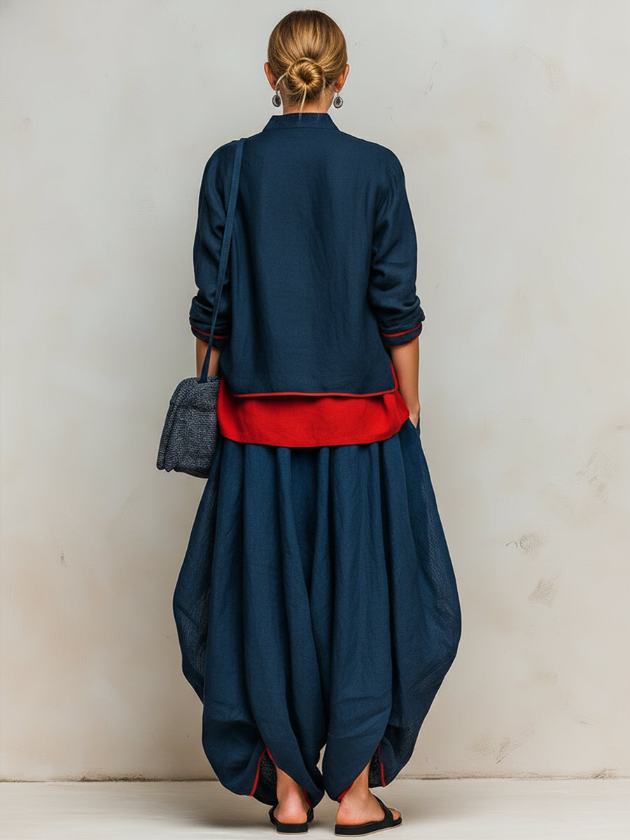 Color-blocked Linen-cotton Top &amp; Lantern Pants Set
