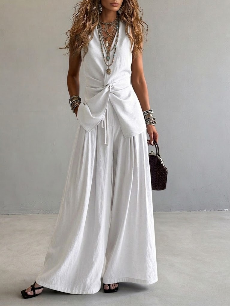 Casual Two-piece Set: Floral-print Linen &amp; Cotton Top And Solid-color Trousers