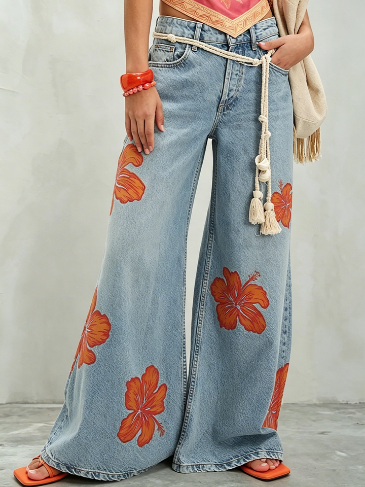 Light-wash Floral-print Wide-leg Jeans