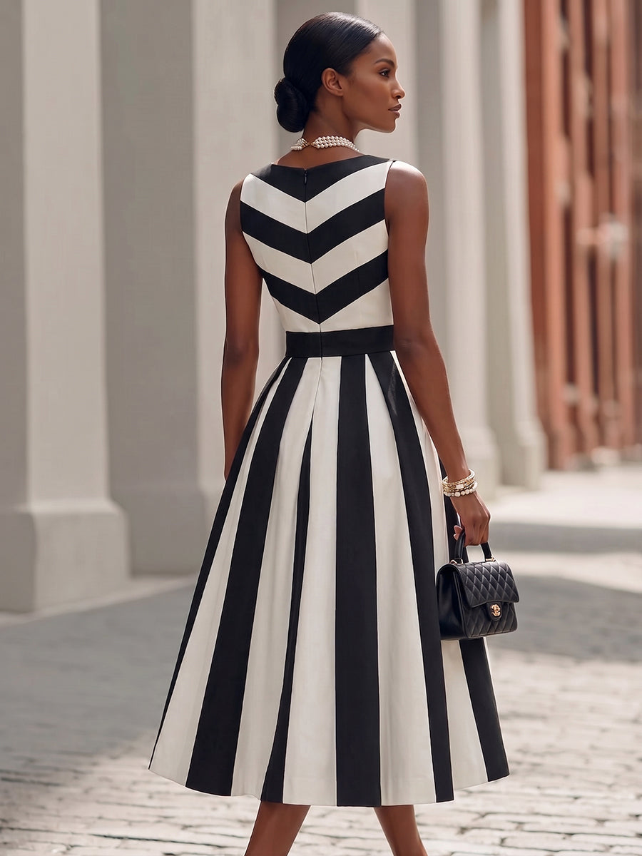 Elegant Vacation Party Artistic Striped Midi Dress