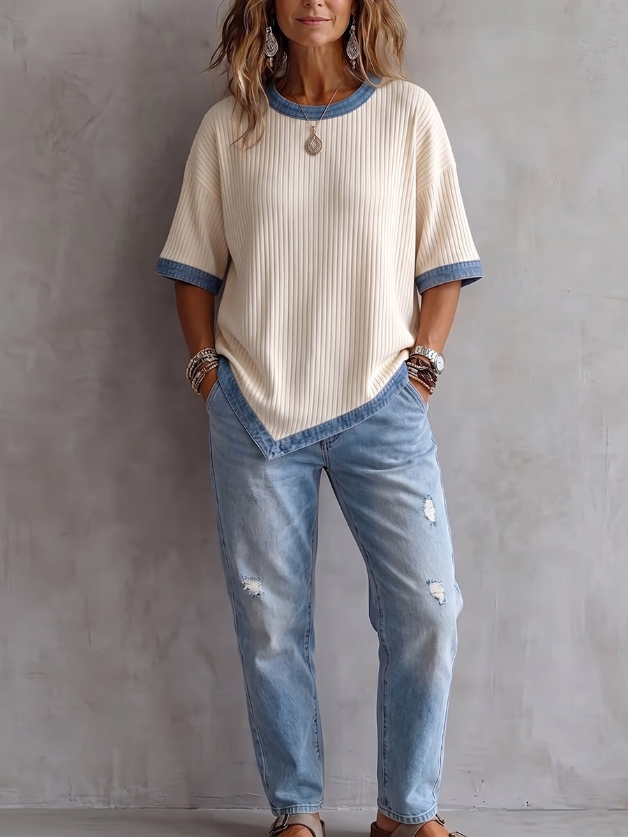 Cozy Casual Denim-paneled Knit Top