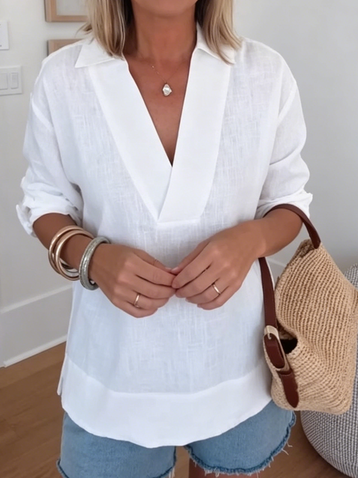 Minimalist &amp; Cozy V-neck Cotton-linen Blouse