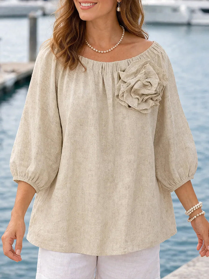 Loose-fit Casual Linen And Cotton Top With 3d Floral Embellishments